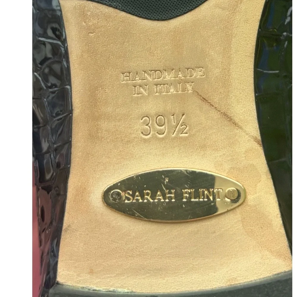 Sarah Flint Navy Croc Embossed Leather Mary Jane Flat 39.5 US 9 Old Money Luxury